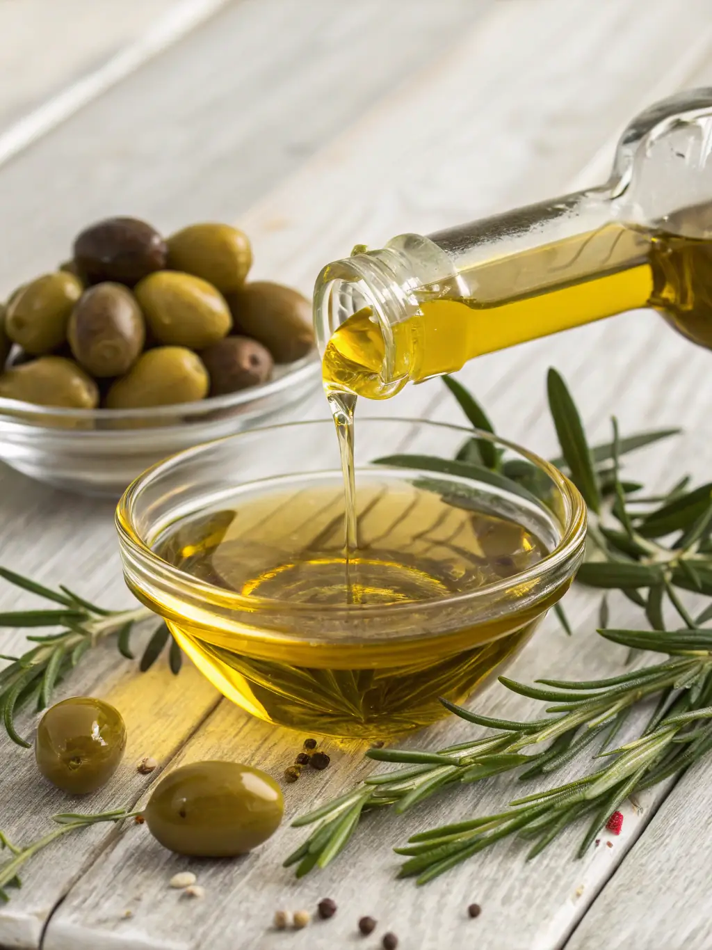 A bottle of Organic Olive Oil being poured over a fresh salad, showcasing its rich color and texture, with olives and herbs in the background.