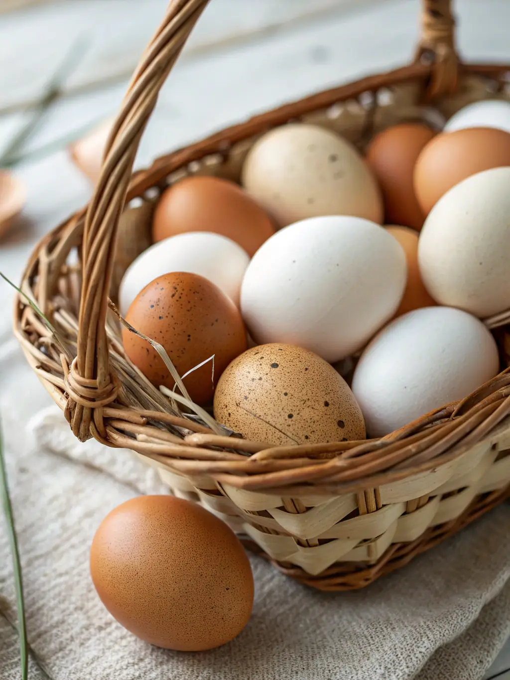 A close-up shot of Anatolian Meadow Chicken Natural Eggs in a woven basket, highlighting their natural shell color and texture, set against a backdrop of a lush green meadow.