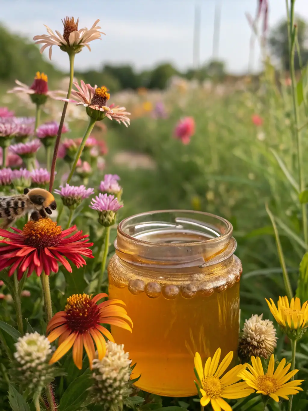 A jar of Natural Farm Honey with a visible honeycomb inside, highlighting its purity and natural source, set against a backdrop of blooming wildflowers.